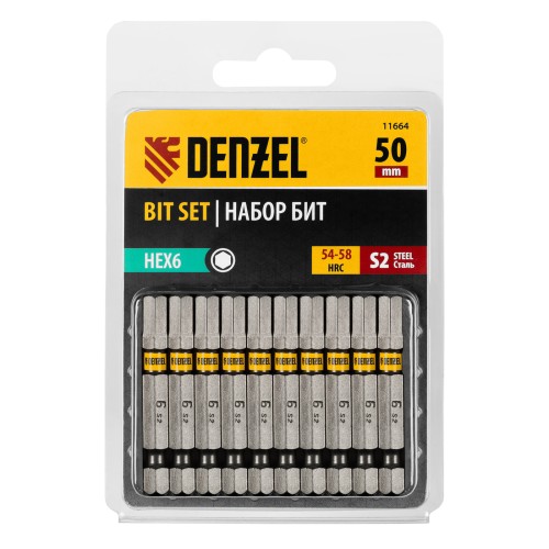 Бита HEX 6х50, сталь S2, шестигранный профиль, 10 шт.// Denzel Бита HEX 6х50, сталь S2, шестигранный профиль, 10 шт.// Denzel