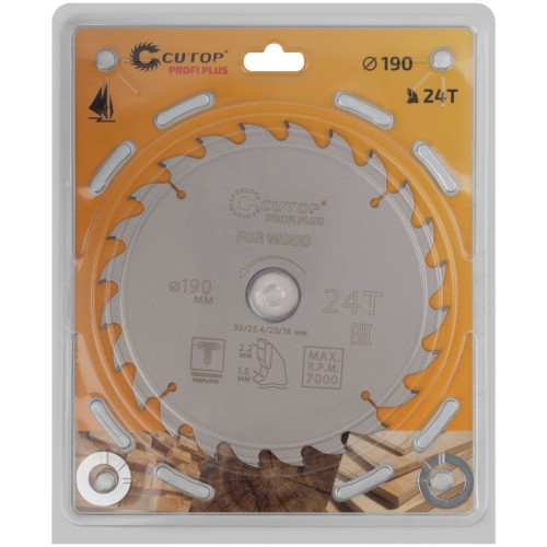Диск пильный по дереву с тефлоновым покрытием 24Т, CUTOP Profi plus, 190 х 1,5/2,2 х 30/25,4/20/16 мм
