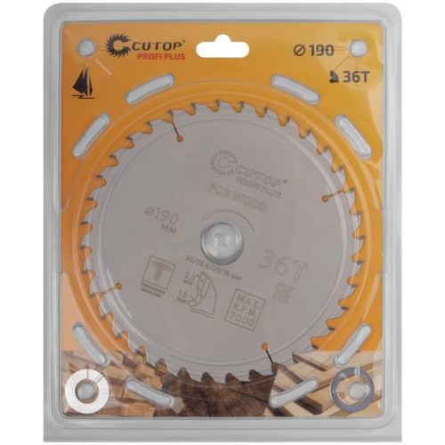 Диск пильный по дереву с тефлоновым покрытием 36Т, CUTOP Profi plus, 190 х 1,5/2,2 х 30/25,4/20/16 мм