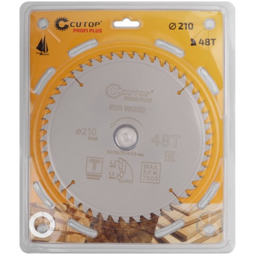 Диск пильный по дереву с тефлоновым покрытием 48Т, CUTOP Profi plus, 210 х 1,5/2,2 х 32/30/25,4/20 мм