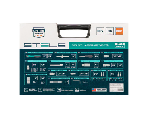 Набор инструментов 1/2', 1/4', CrV, 12 гранные головки, пластиковый кейс, 94 предмета Stels