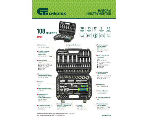 Набор инструментов, 1/2', 1/4', 108 предметов// Сибртех