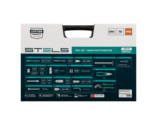 Набор инструментов, 1/2', 1/4', CrV, 12 гранные головки, пластиковый кейс, 76 предметов Stels