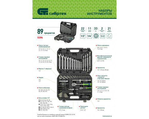 Набор инструментов, 1/2', 1/4', пластиковый кейс 89 предметов// Сибртех