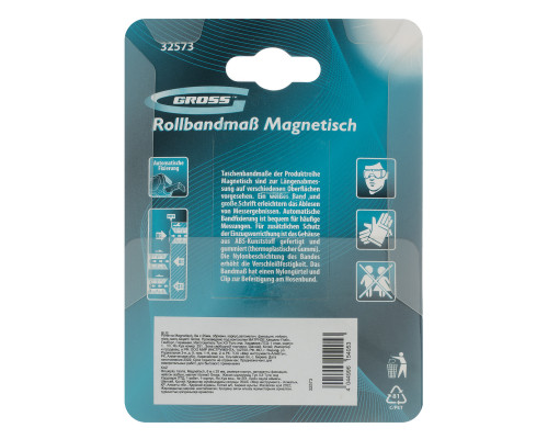 Рулетка Magnetisch 8 м х 25 мм,обрезиненный корпус,автоматическая фиксация,Нейлоновое покрытиеытие,зацеп с магнитом Gross