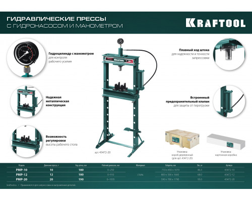 KRAFTOOL PMP-12, 12т, Гидравлический пресс с гидронасосом и манометром (43472-12)