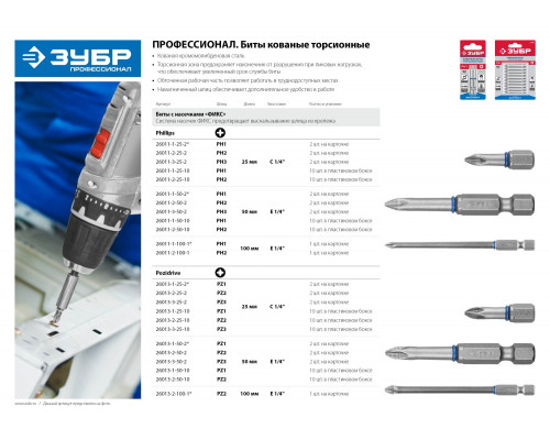 ЗУБР ЭКСПЕРТ PH 2, 25 мм, 10 шт., Торсионные биты (26011-2-25-10)