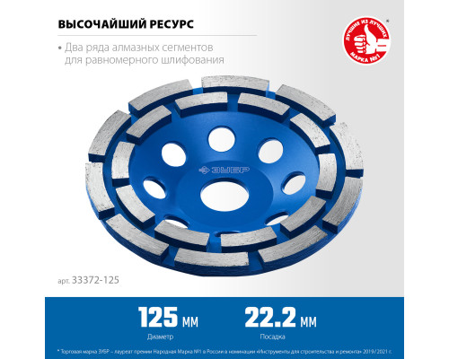 ЗУБР d 125 мм, Двухрядная алмазная шлифовальная чашка, Профессионал (33372-125)