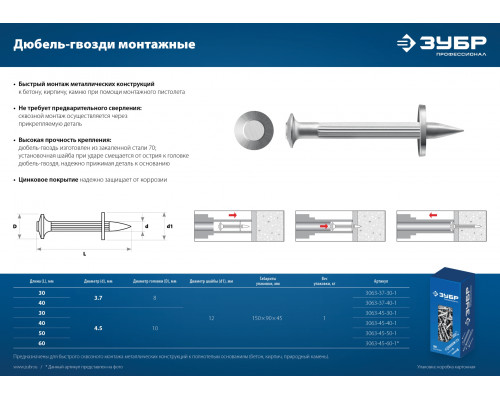 ЗУБР ДГМ 30 х 4.5 мм, дюбель-гвоздь монтажный, цинк, 1 кг (3063-45-30-1)