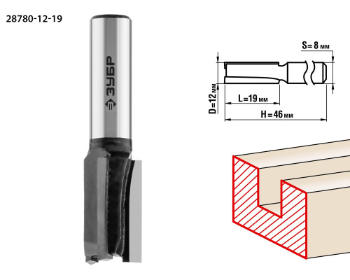 ЗУБР 12x19мм, хвостовик 8мм, фреза пазовая прямая
