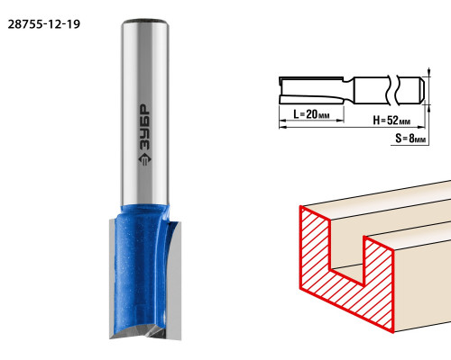 ЗУБР 12x19мм, хвостовик 8мм, фреза пазовая прямая с нижними подрезателями