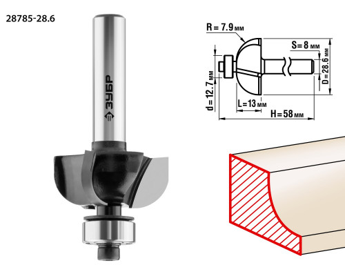 ЗУБР 28,6x13мм, радиус 7.9мм, фреза кромочная калевочная №2