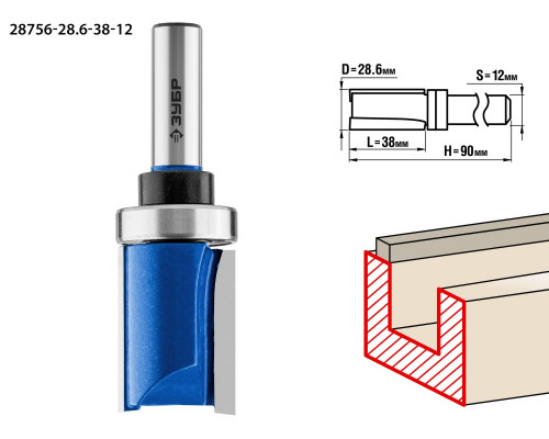 ЗУБР 28,6x38мм, хвостовик 12мм, фреза пазовая прямая с верхним подшипником