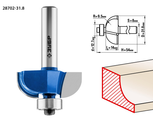 ЗУБР 31,8x14мм, радиус 9.5мм, фреза кромочная калевочная №2