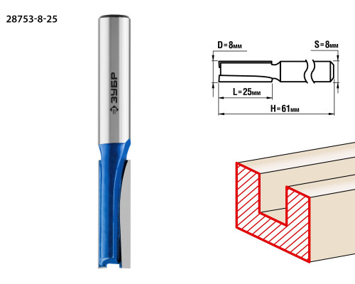 ЗУБР 8x25мм, хвостовик 8мм, фреза пазовая прямая