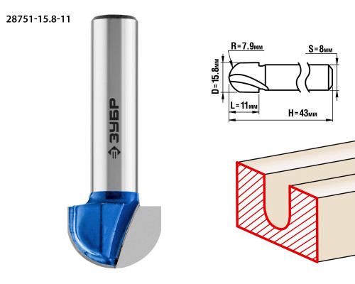 ЗУБР 15.8x11мм, радиус 7.9мм, фреза пазовая галтельная