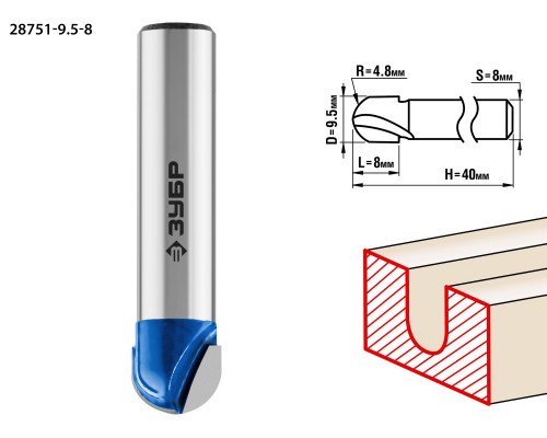 ЗУБР 9.5x8мм, радиус 4.8мм, фреза пазовая галтельная