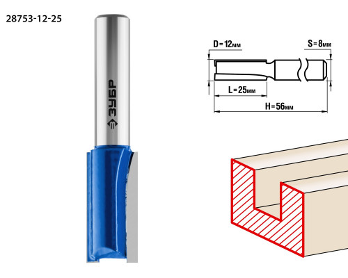 ЗУБР 12x25мм, хвостовик 8мм, фреза пазовая прямая