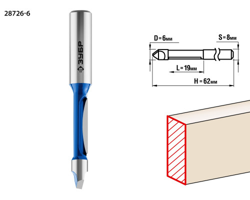 ЗУБР 6 x 19мм, хвостовик 8мм, фреза кромочная прямая со сверлом