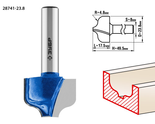 ЗУБР 23,8x16мм, радиус 4.8мм, фреза пазовая фасонная №2