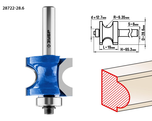 ЗУБР 28,6x19мм, радиус 6.3мм, фреза полустержневая с подшипником