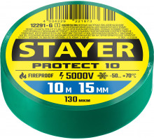 STAYER Protect-10 10м х 15мм 5000В зеленая, Изоляционная лента ПВХ (12292-G)