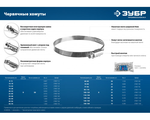 ЗУБР Х-9Н 130-150 мм, накатная лента 9 мм, червячный хомут, цинк, 10 шт (37807-150)