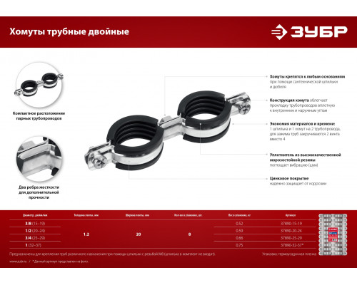 ЗУБР 1″ двойной трубный хомут, цинк, 8 шт (37890-32-37)