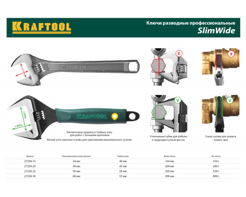 KRAFTOOL SlimWide, 200 / 38 мм, Разводной ключ (27258-20)