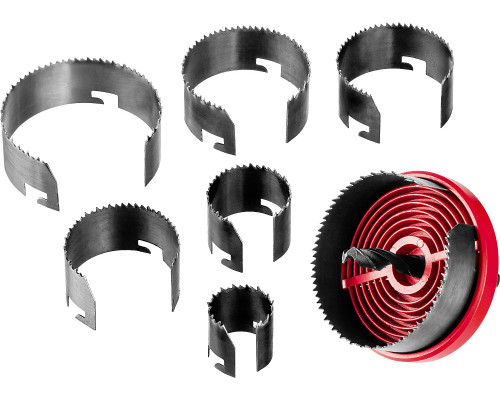 ЗУБР 7шт(26-63/18мм), кольцевая пила по дереву, сегментная, наборная, 26-32-38-45-50-56-63х18 мм
