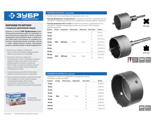 ЗУБР 35 мм, SDS-plus, 5Т, Коронка по бетону с державкой, Профессионал (2918-35)