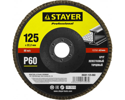 STAYER 125 мм, P60, КЛТ, Круг лепестковый торцевой, Professional (36581-125-060)