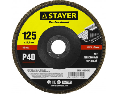 STAYER 125 мм, P40, КЛТ, Круг лепестковый торцевой, Professional (36581-125-040)