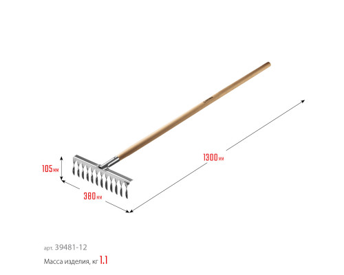 GRINDA PS-12 WOOD, 12 витых зубцов, размеры 370 х 105 х 1300 мм, нержавеющая сталь, деревянный черенок, садовые грабли, PROLine (39481-12)