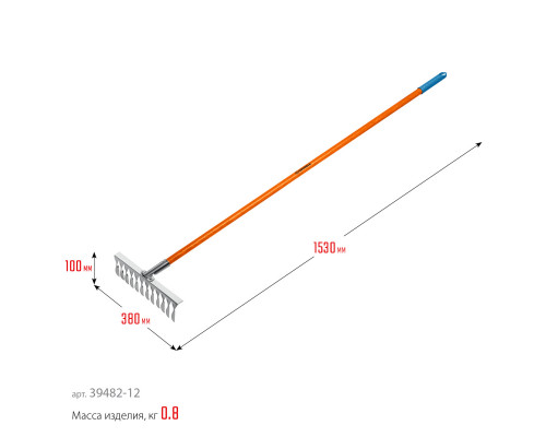 GRINDA PS-12 FIBER, 12 витых зубцов размеры 380 х 100 х 1530 мм, нержавеющая сталь, фиберглассовый черенок, садовые грабли, PROLine (39482-12)
