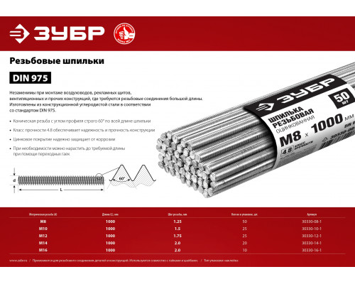 ЗУБР DIN 975 кл. пр. 4.8, М8 x 1000 мм, резьбовая шпилька, цинк, 50 шт (30330-08-1)