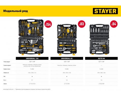 STAYER UNIVERSAL 83, 83 предм. (1/2″+ 1/4″), Универсальный набор инструмента (27710-H83)