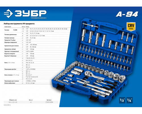 ЗУБР А-94, 94 предм.(1/2″ + 1/4″), Универсальный набор инструмента (27635-H94)