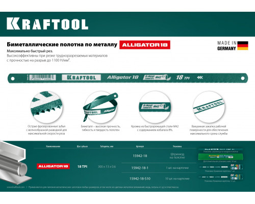 KRAFTOOL Alligator-18 18 TPI, 300 мм, Биметаллическое гибкое полотно по металлу (15942-18-S10)