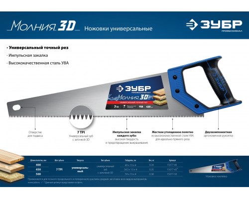 ЗУБР Молния-3D 400 мм, 7TPI, Универсальная ножовка (15077-40)