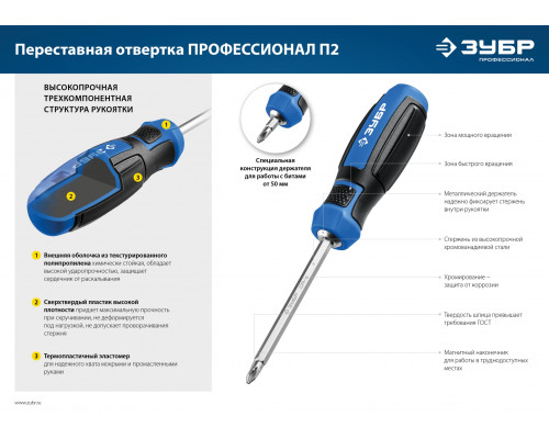 ЗУБР SL6/PH2, Переставная отвертка, Профессионал -П2 (25029)