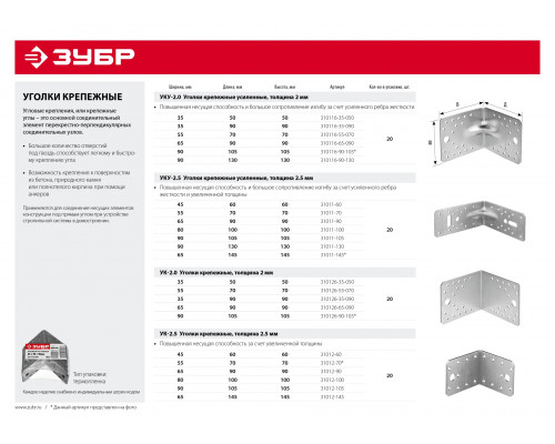 ЗУБР УКУ-2.5 65х145х145 х 2.5 мм, усиленный крепежный уголок, цинк (31011-145)