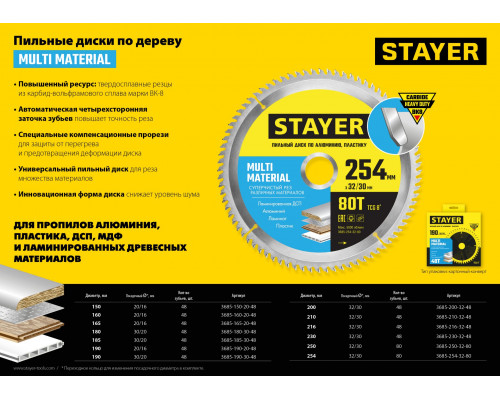 STAYER MULTI MATERIAL 190х30/20мм 48Т, диск пильный по алюминию, супер чистый рез