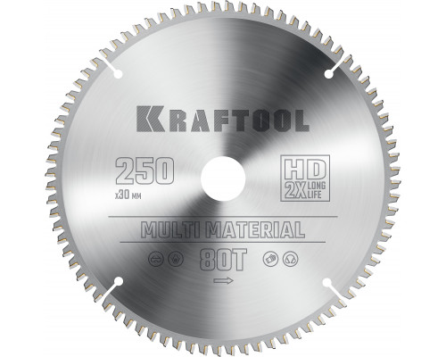 KRAFTOOL Multi Material 250х30мм 80Т, диск пильный по алюминию