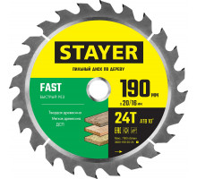 STAYER FAST 190 x 20/16мм 24Т, диск пильный по дереву, быстрый рез