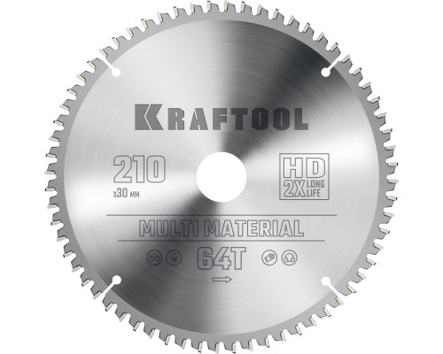 KRAFTOOL Multi Material 210х30мм 64Т, диск пильный по алюминию