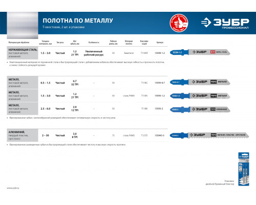 ЗУБР T127D, T-хвост., Р6М5 сталь, по алюминию и цветным металлам, шаг зуба 3мм, (8TPI), раб. длина 75мм, 2шт., Полотна для лобзика (155945-3)