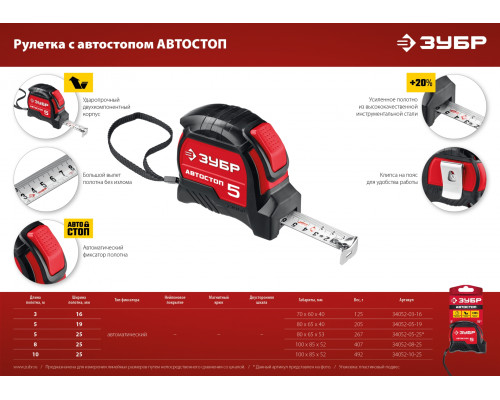 ЗУБР Автостоп 5м х 25мм, Рулетка с автостопом (34052-05-25)