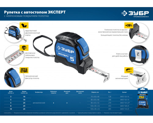 ЗУБР ЭКСПЕРТ 5м х 19мм, профессиональная рулетка с автостопом (34057-05-19)