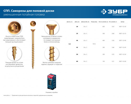ЗУБР СПП 30 х 3.2 мм, TX10, саморез для половой доски и паркета, цинк, 600 шт (30071-32-30)